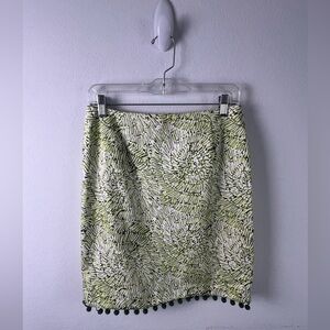 Etcetera Green White Swirl Abstract Print Pom Pom Trim Cotton Spandex Skirt